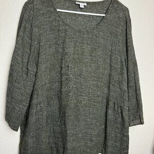 Jill PURE Linen Blouse Green - Gray Sleeve 3/4 Size XL Like NEW